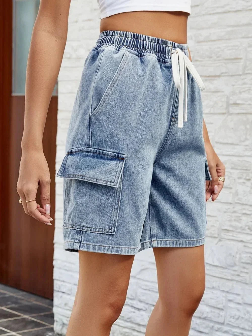 Drawstring Denim Shorts with Pockets - VILLA FASHION