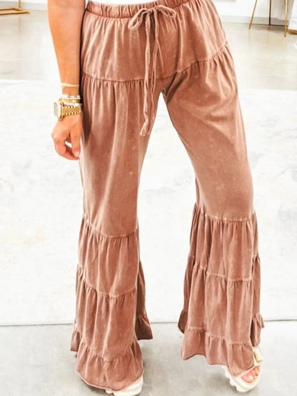Drawstring Flare Ruffle Pants - VILLA FASHION