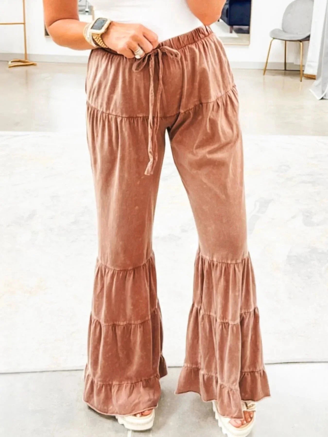 Drawstring Flare Ruffle Pants - VILLA FASHION