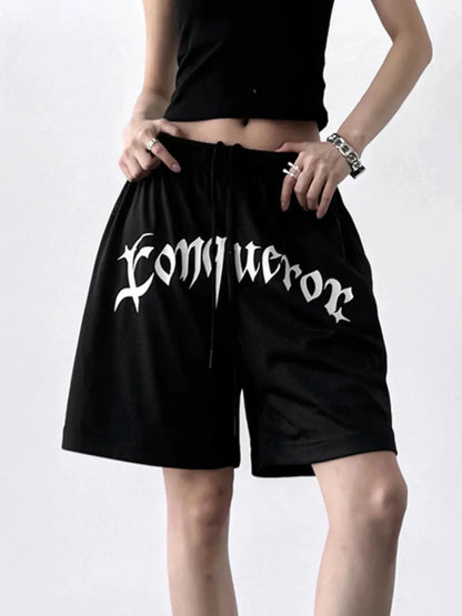Drawstring Letter Shorts - VILLA FASHION