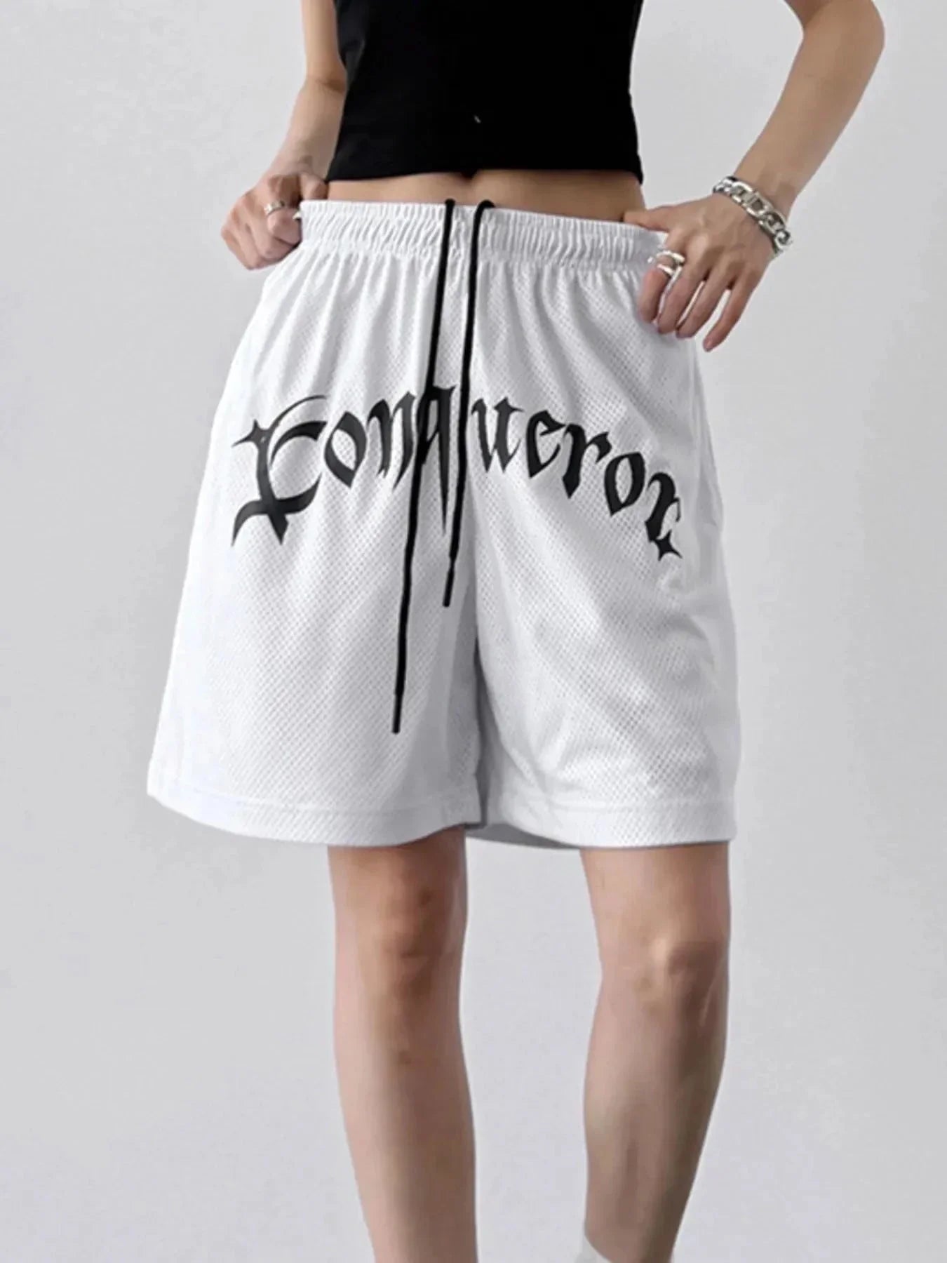 Drawstring Letter Shorts - VILLA FASHION
