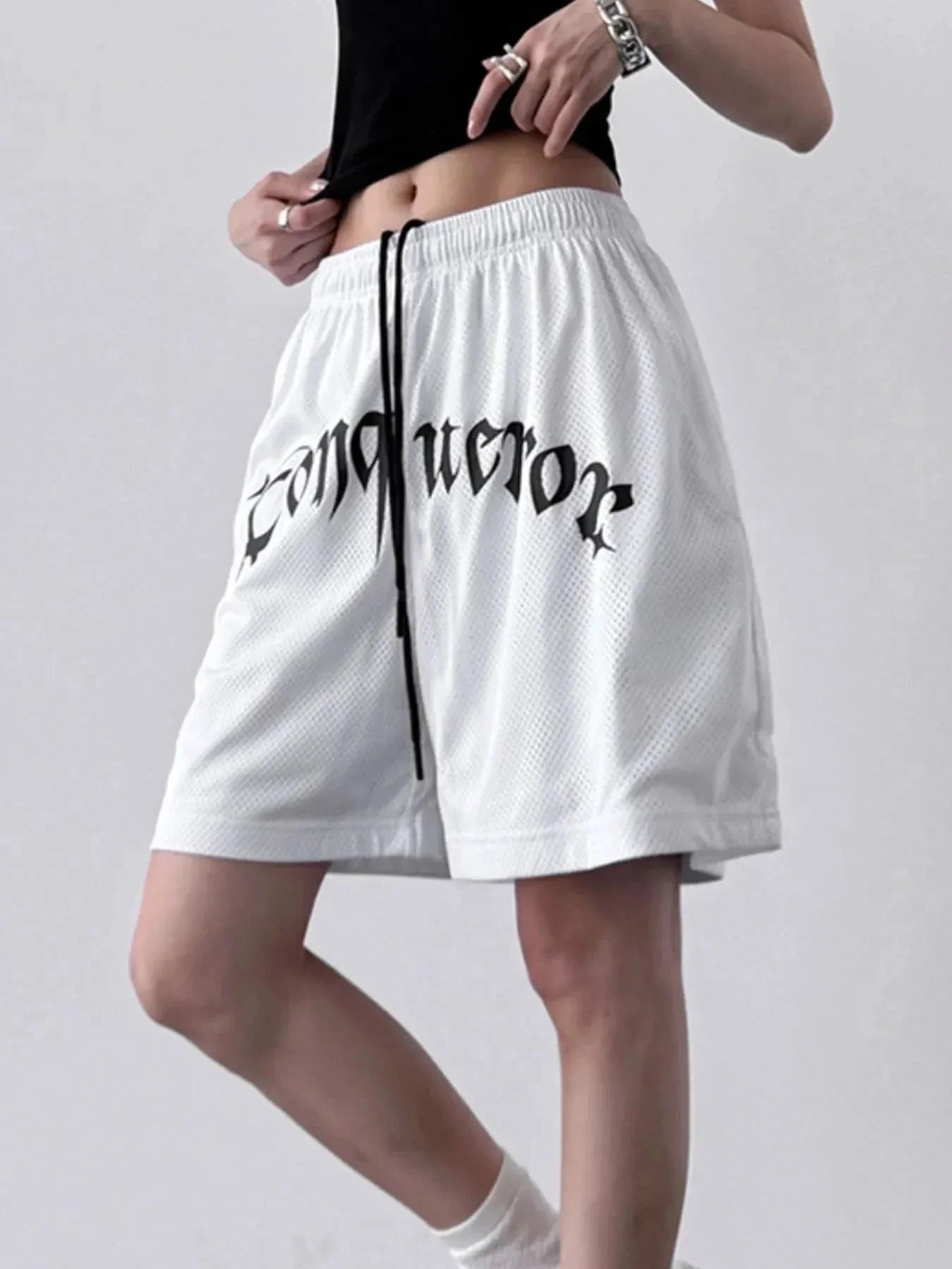 Drawstring Letter Shorts - VILLA FASHION