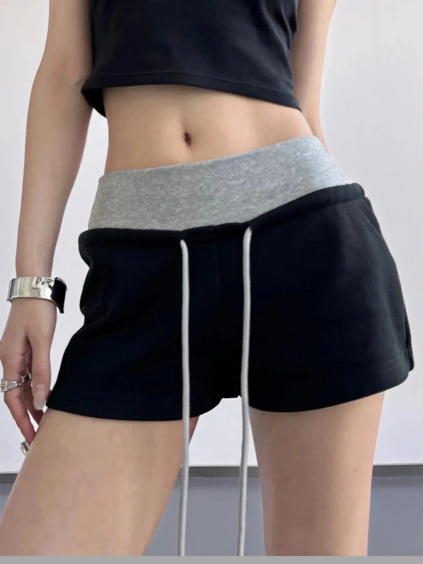 Drawstring Shorts with Contrast Waistband - VILLA FASHION