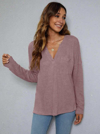 Dropped Shoulder High - Low Waffle - Knit Top - VILLA FASHION