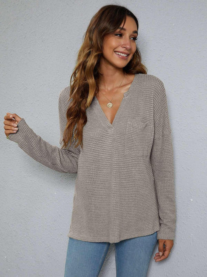 Dropped Shoulder High - Low Waffle - Knit Top - VILLA FASHION