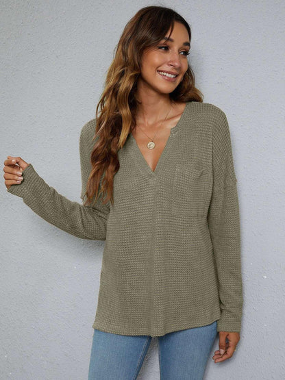 Dropped Shoulder High - Low Waffle - Knit Top - VILLA FASHION