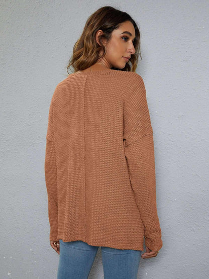 Dropped Shoulder High - Low Waffle - Knit Top - VILLA FASHION