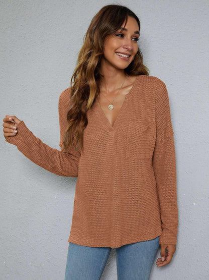 Dropped Shoulder High - Low Waffle - Knit Top - VILLA FASHION