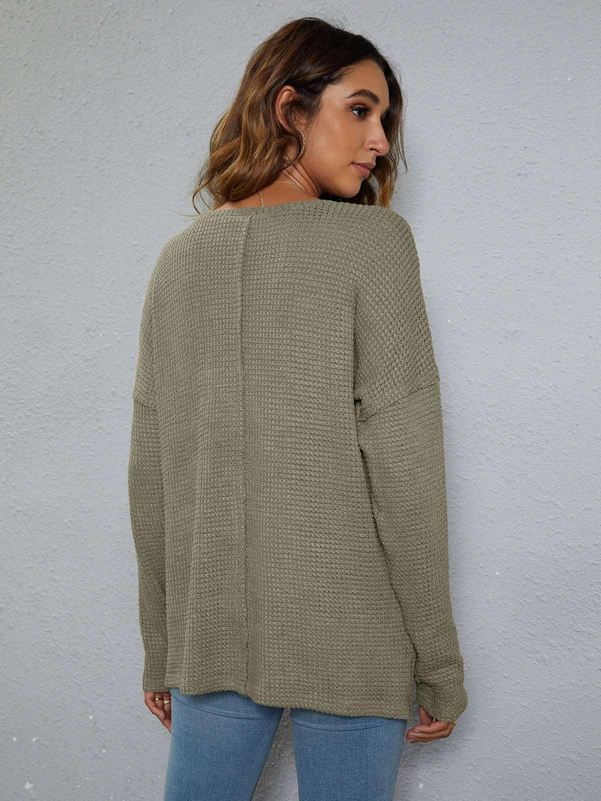 Dropped Shoulder High - Low Waffle - Knit Top - VILLA FASHION