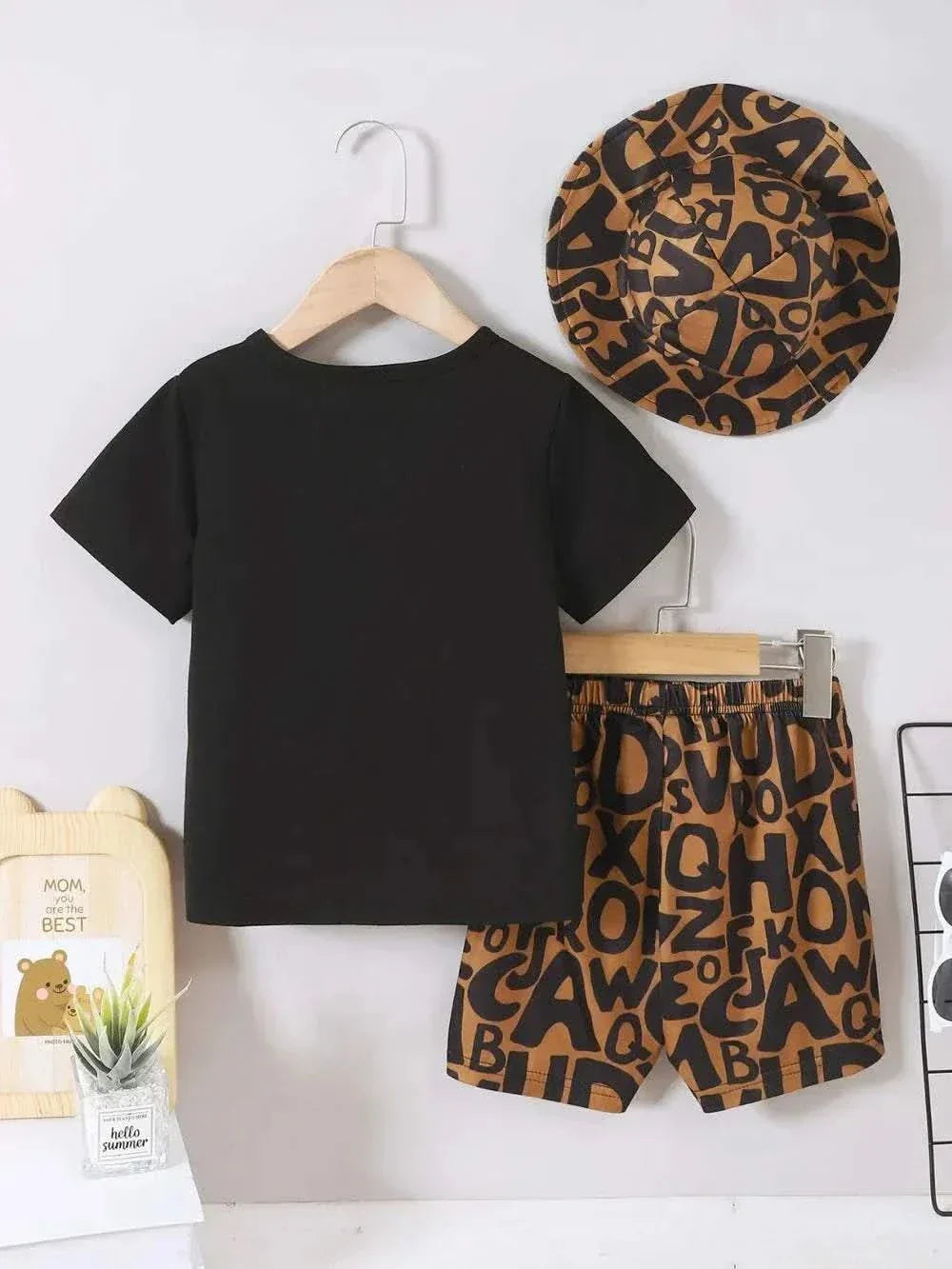 Children's teddy bear round neck black top with brown alphabet print pants set for kids