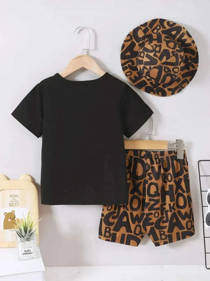 Children's teddy bear round neck black top with brown alphabet print pants set for kids