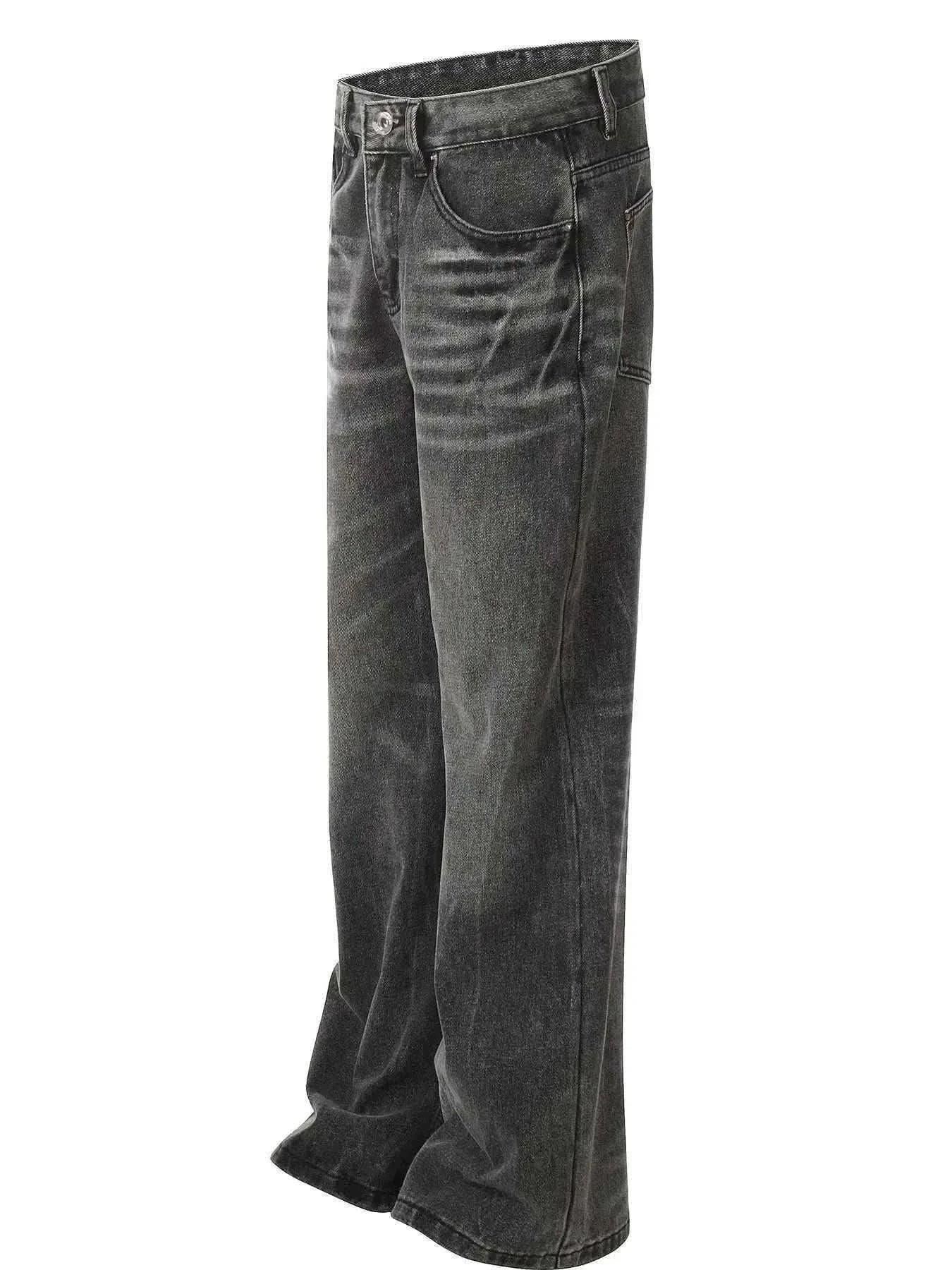 Men's wide leg jeans in washed black with slight stretch and cat's whisker detailing