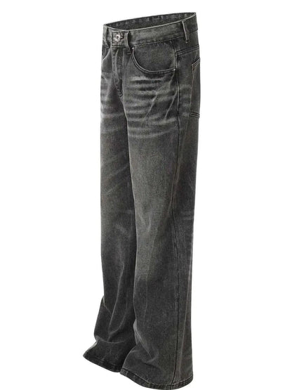 Men's wide leg jeans in washed black with slight stretch and cat's whisker detailing