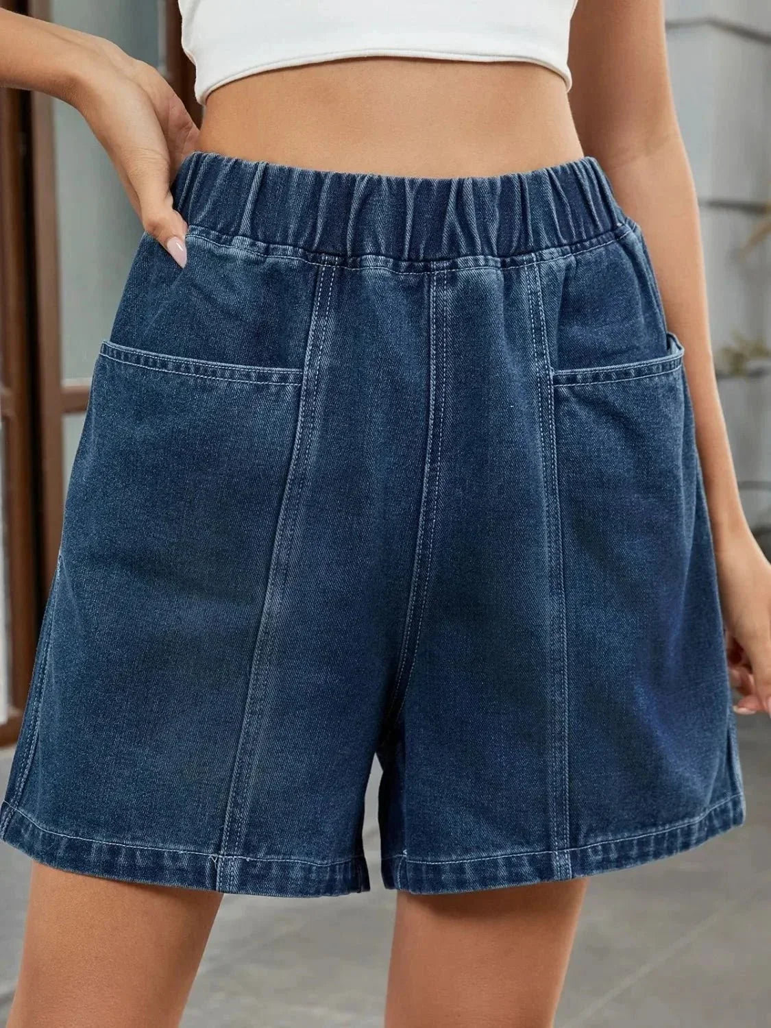 Elastic Waist Denim Shorts - VILLA FASHION