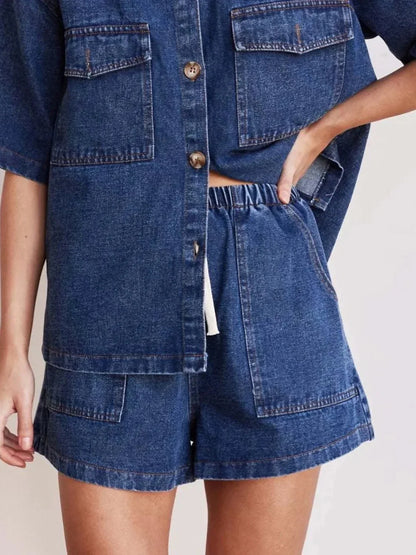 Elastic Waist Denim Shorts - VILLA FASHION