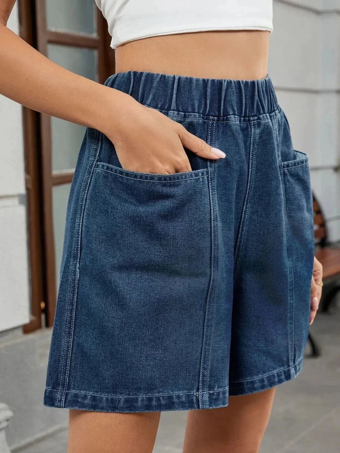 Elastic Waist Denim Shorts - VILLA FASHION
