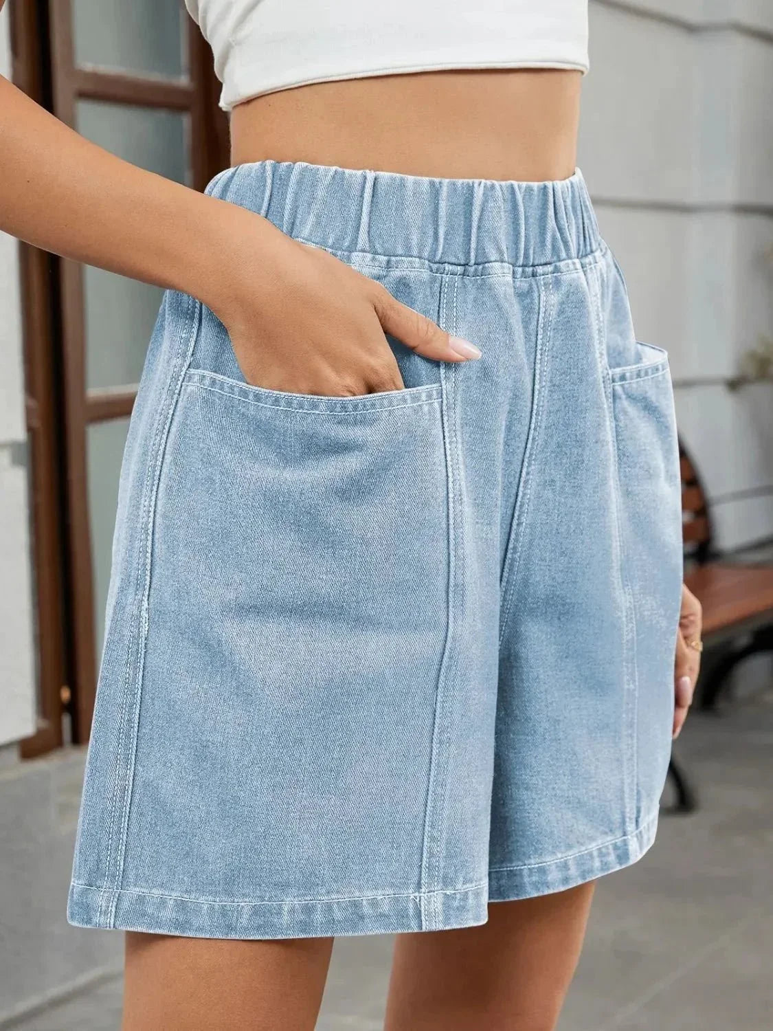 Elastic Waist Denim Shorts - VILLA FASHION