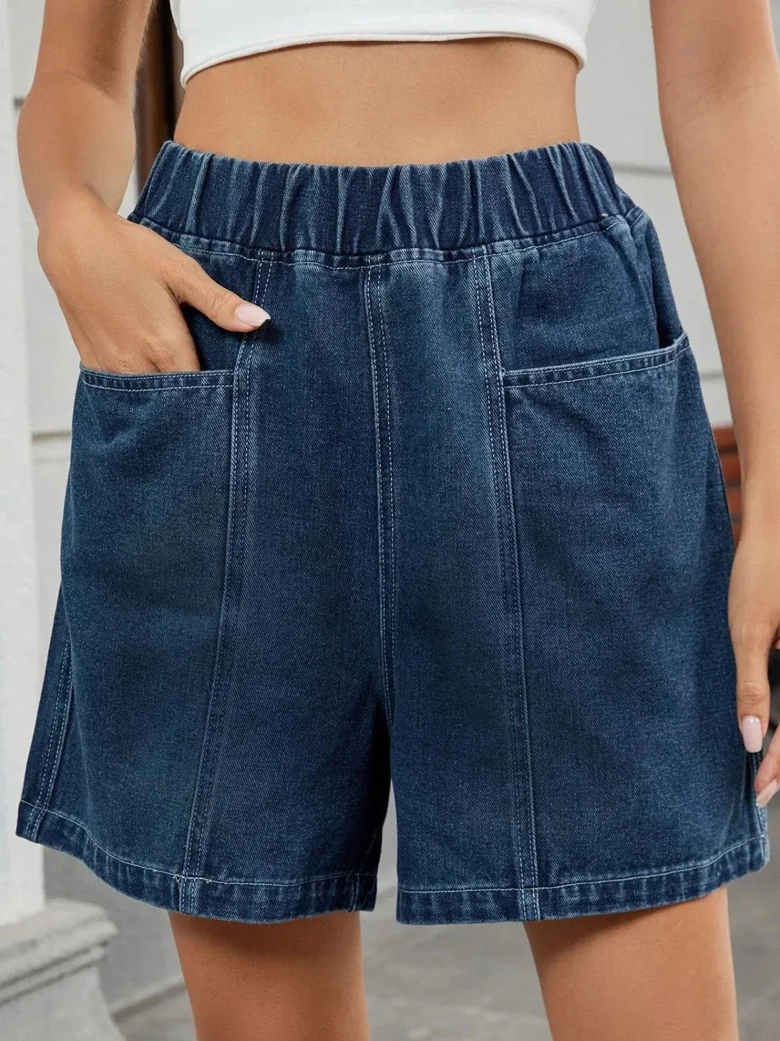 Elastic Waist Denim Shorts - VILLA FASHION