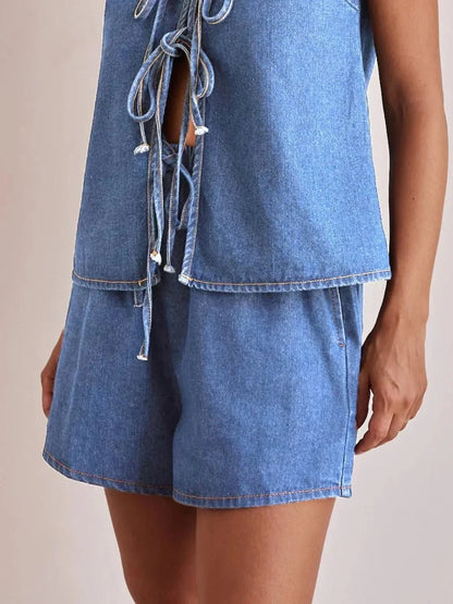 Elastic Waist Denim Shorts - VILLA FASHION