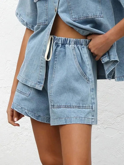 Elastic Waist Denim Shorts - VILLA FASHION