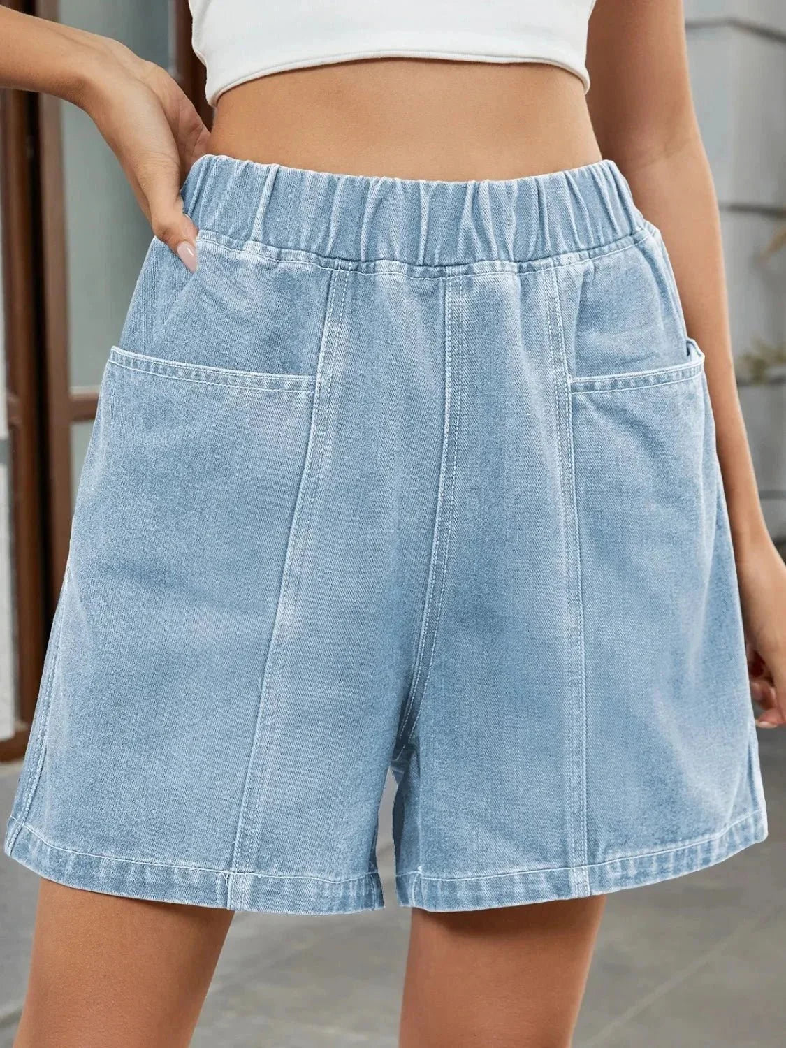 Elastic Waist Denim Shorts - VILLA FASHION