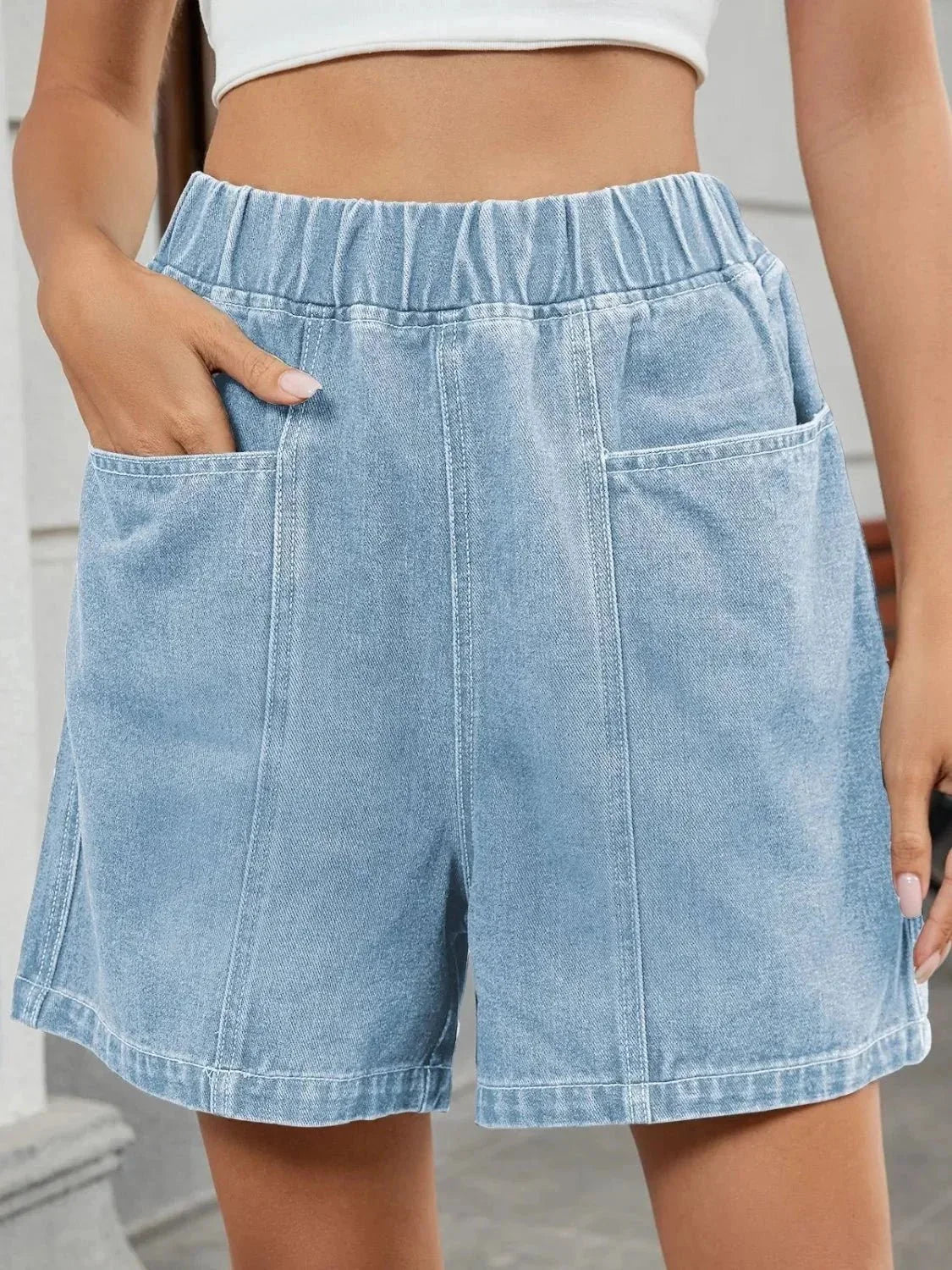 Elastic Waist Denim Shorts - VILLA FASHION