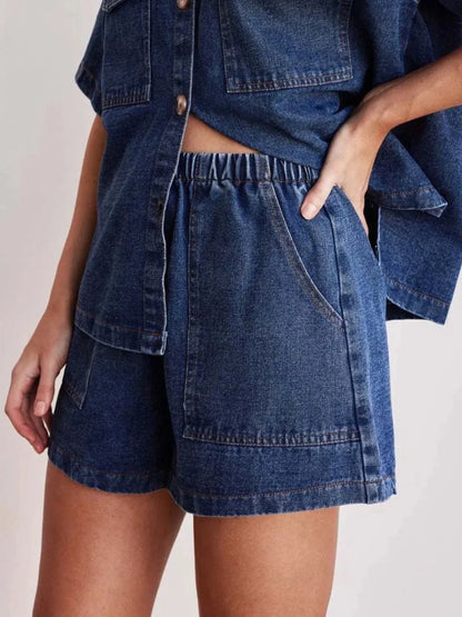Elastic Waist Denim Shorts - VILLA FASHION