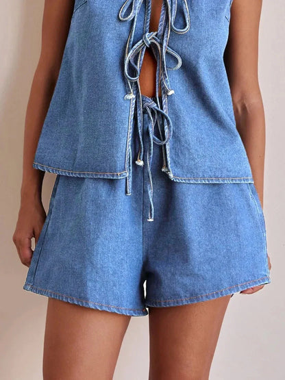 Elastic Waist Denim Shorts - VILLA FASHION