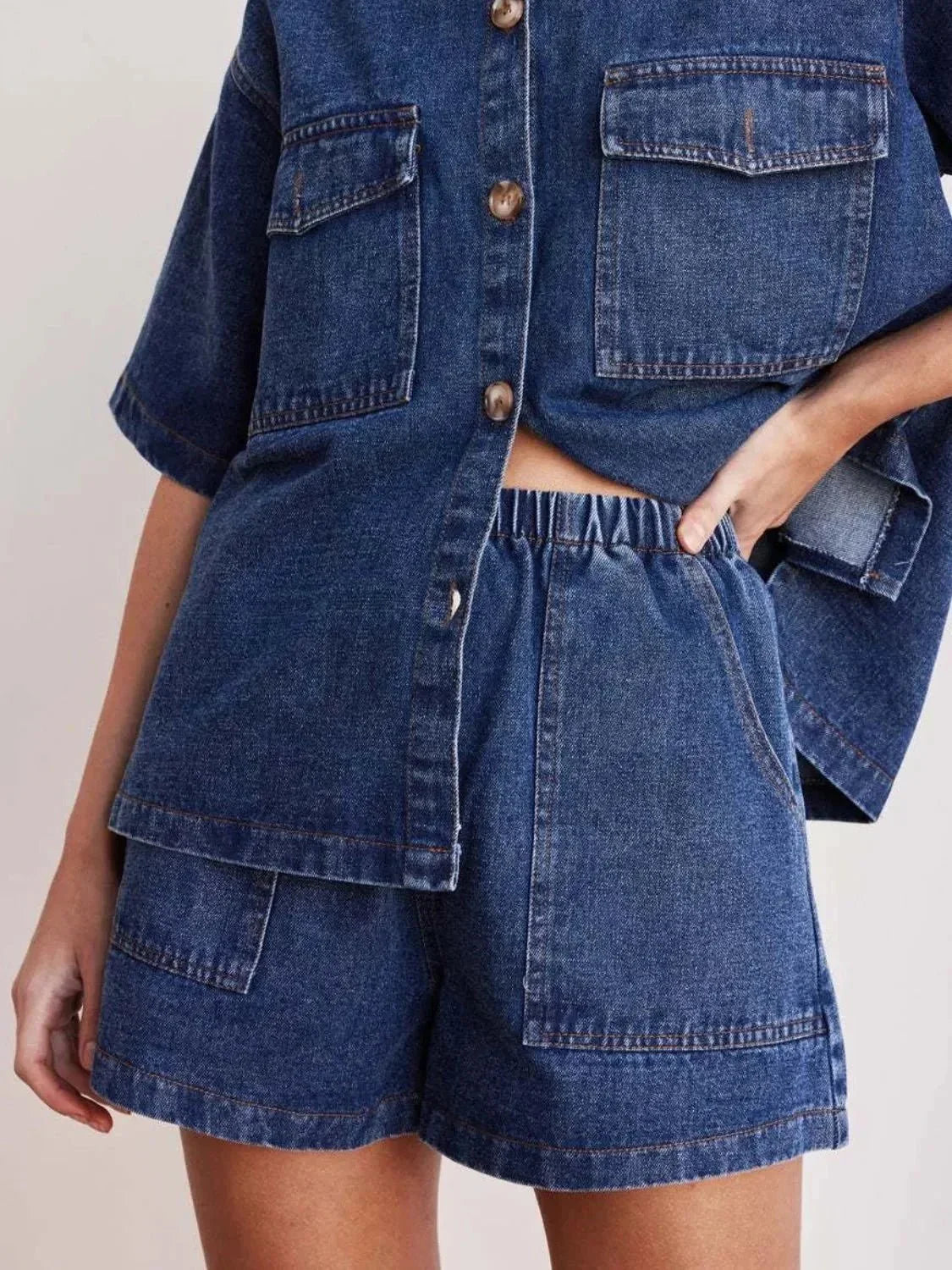 Elastic Waist Denim Shorts - VILLA FASHION