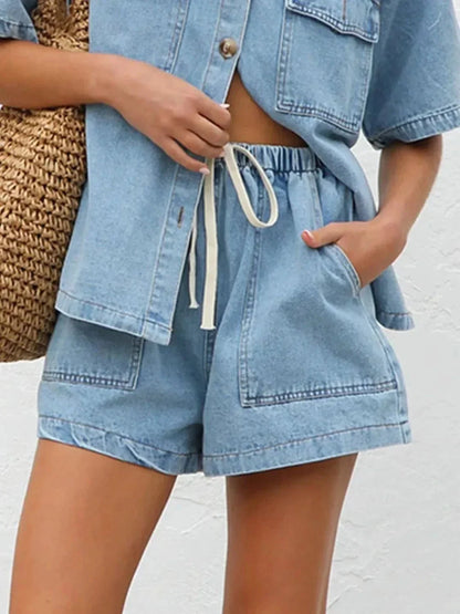 Elastic Waist Denim Shorts - VILLA FASHION