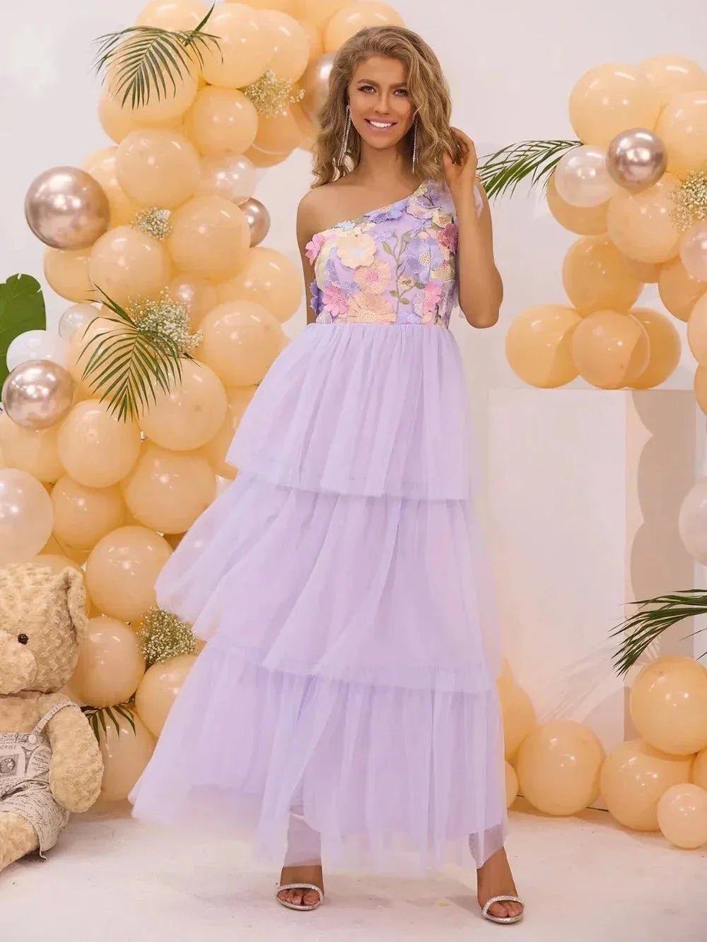 Embroidered Layered Single Shoulder Dress - VILLA FASHION