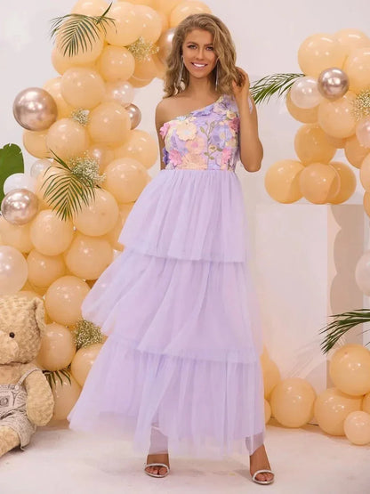 Embroidered Layered Single Shoulder Dress - VILLA FASHION