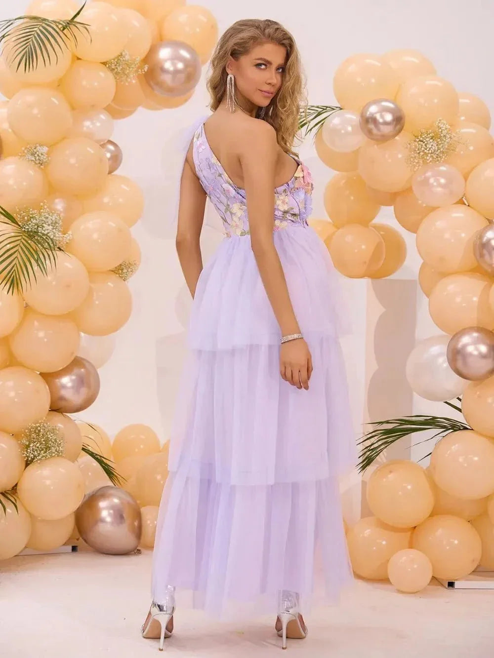 Embroidered Layered Single Shoulder Dress - VILLA FASHION