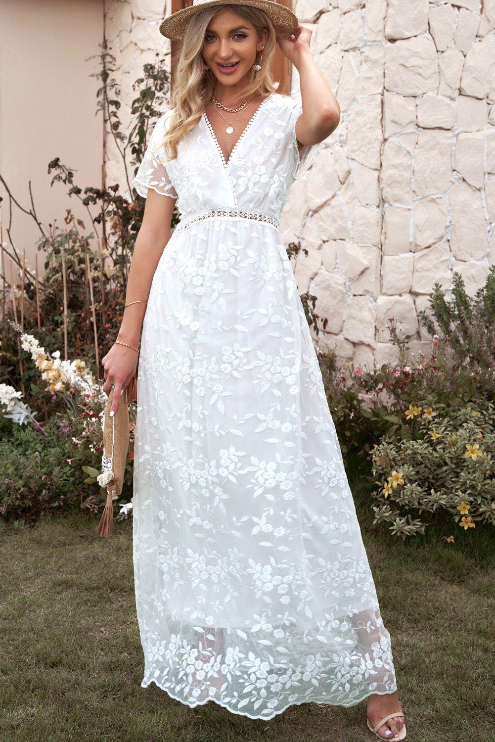 Embroidered Short Sleeve Surplice Neck Maxi Dress - VILLA FASHION