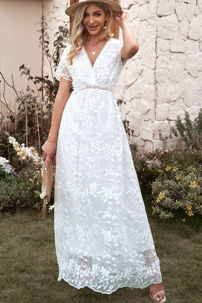 Embroidered Short Sleeve Surplice Neck Maxi Dress - VILLA FASHION