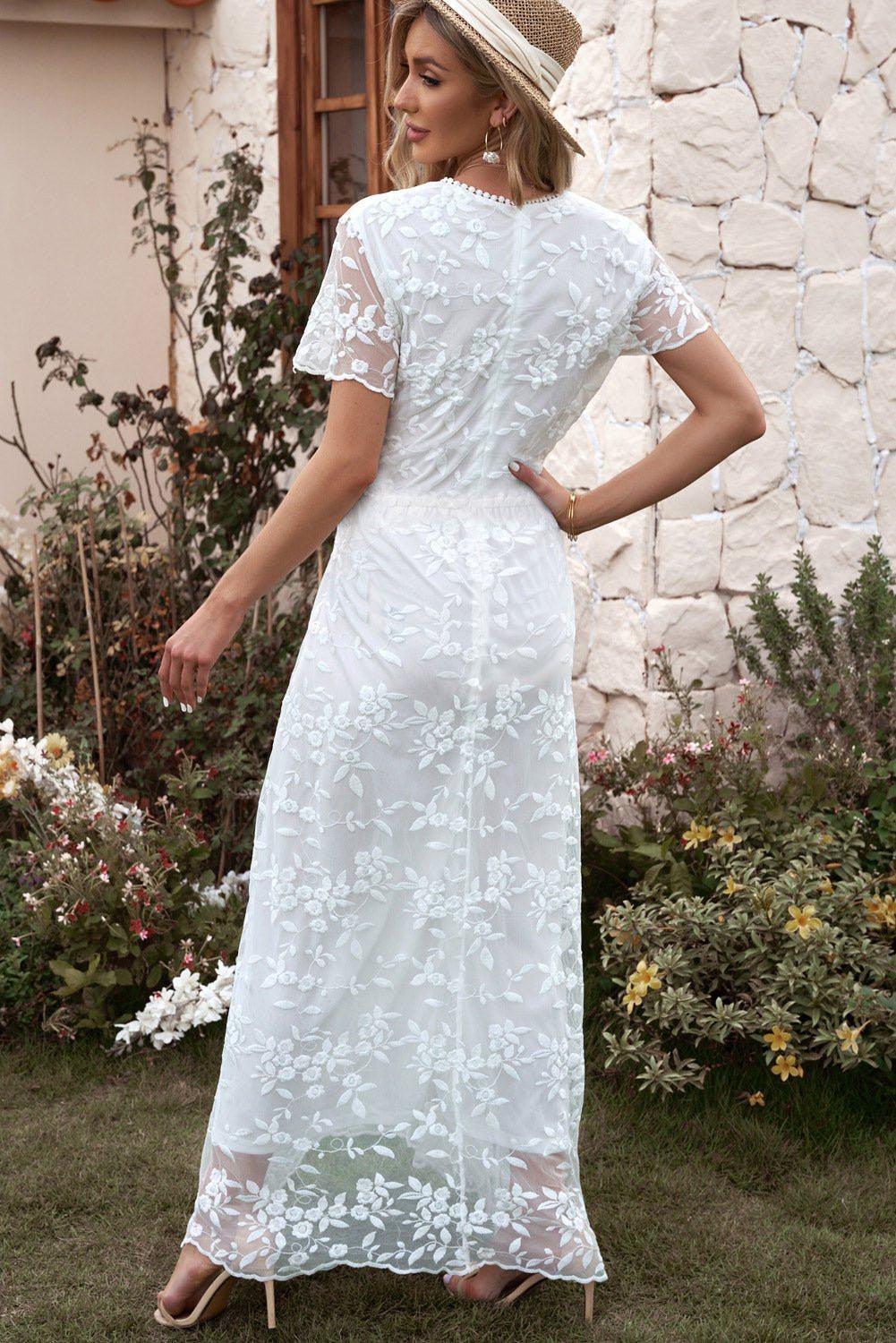 Embroidered Short Sleeve Surplice Neck Maxi Dress - VILLA FASHION