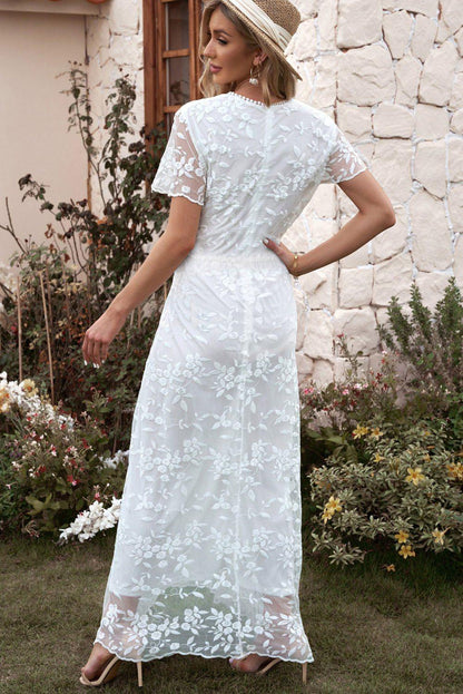 Embroidered Short Sleeve Surplice Neck Maxi Dress - VILLA FASHION