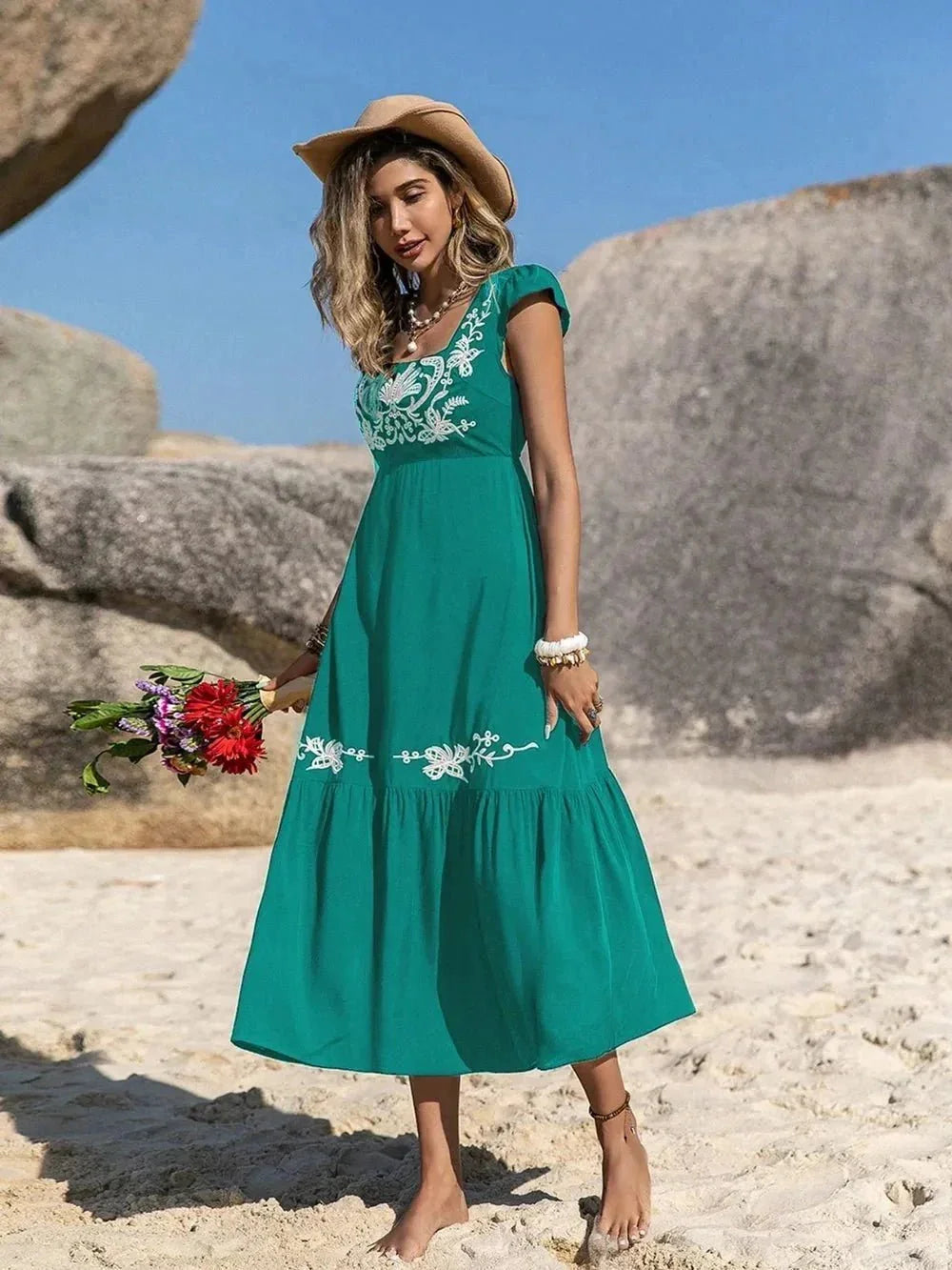 Embroidered Square Neck Cap Sleeve Dress - VILLA FASHION