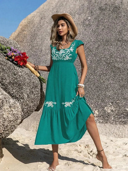 Embroidered Square Neck Cap Sleeve Dress - VILLA FASHION