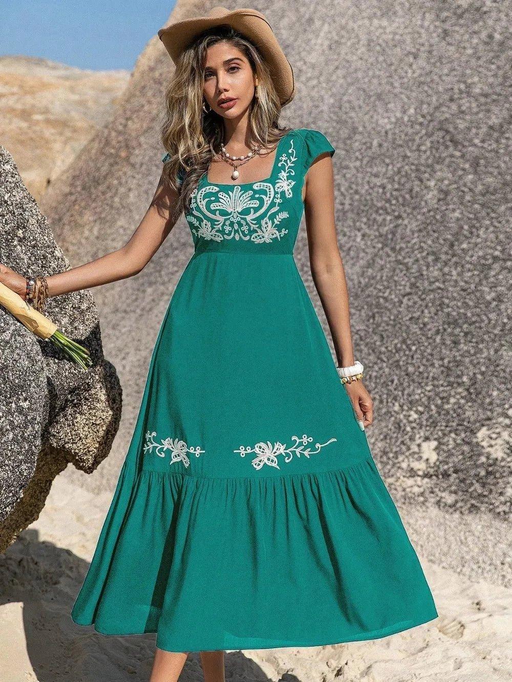 Embroidered Square Neck Cap Sleeve Dress - VILLA FASHION
