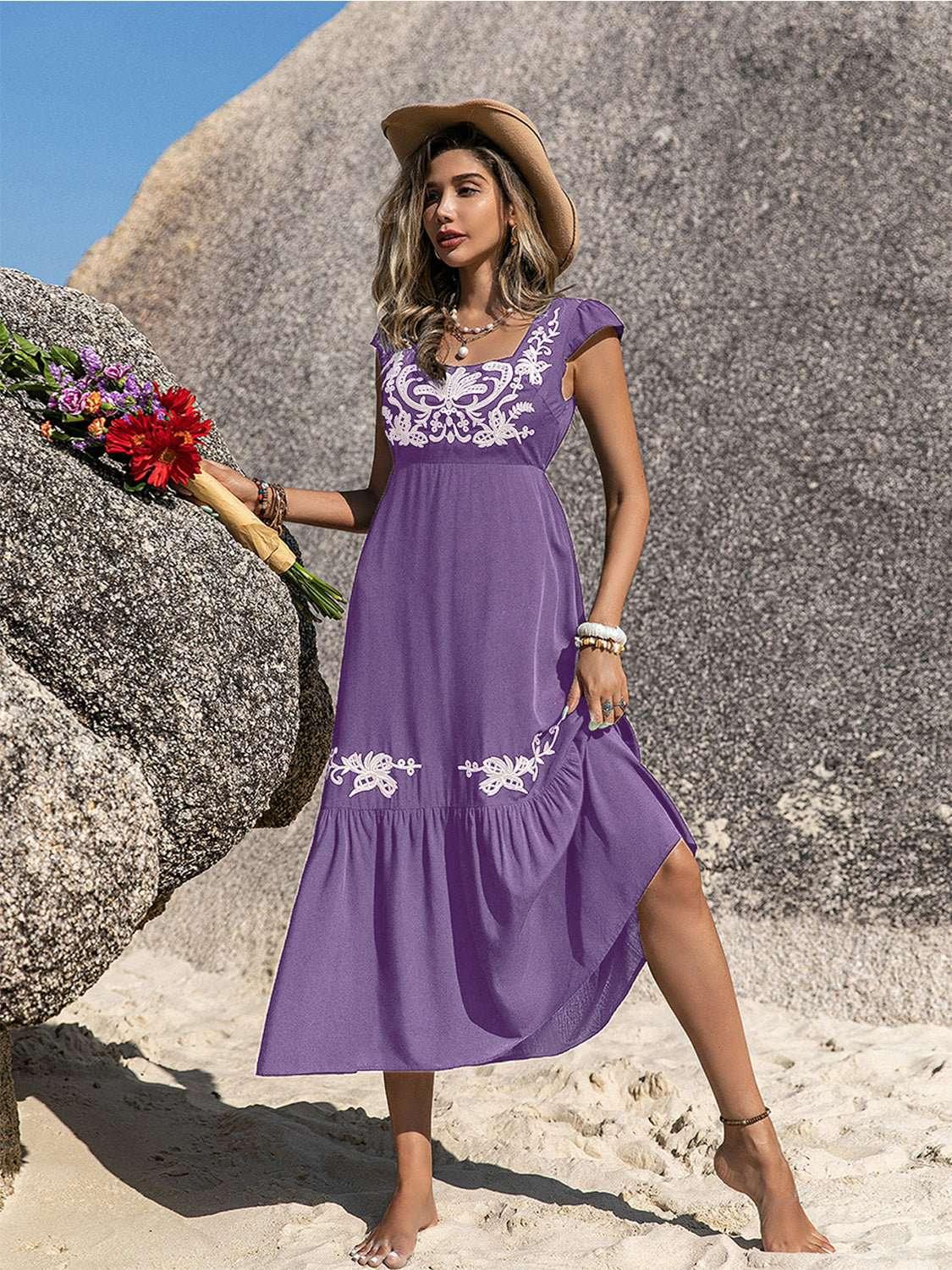 Embroidered Square Neck Ruffle Hem Dress - VILLA FASHION