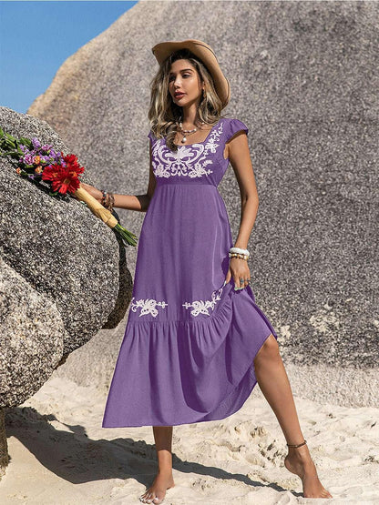 Embroidered Square Neck Ruffle Hem Dress - VILLA FASHION