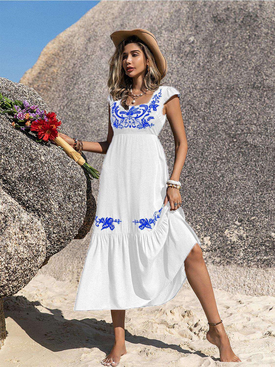 Embroidered Square Neck Ruffle Hem Dress - VILLA FASHION
