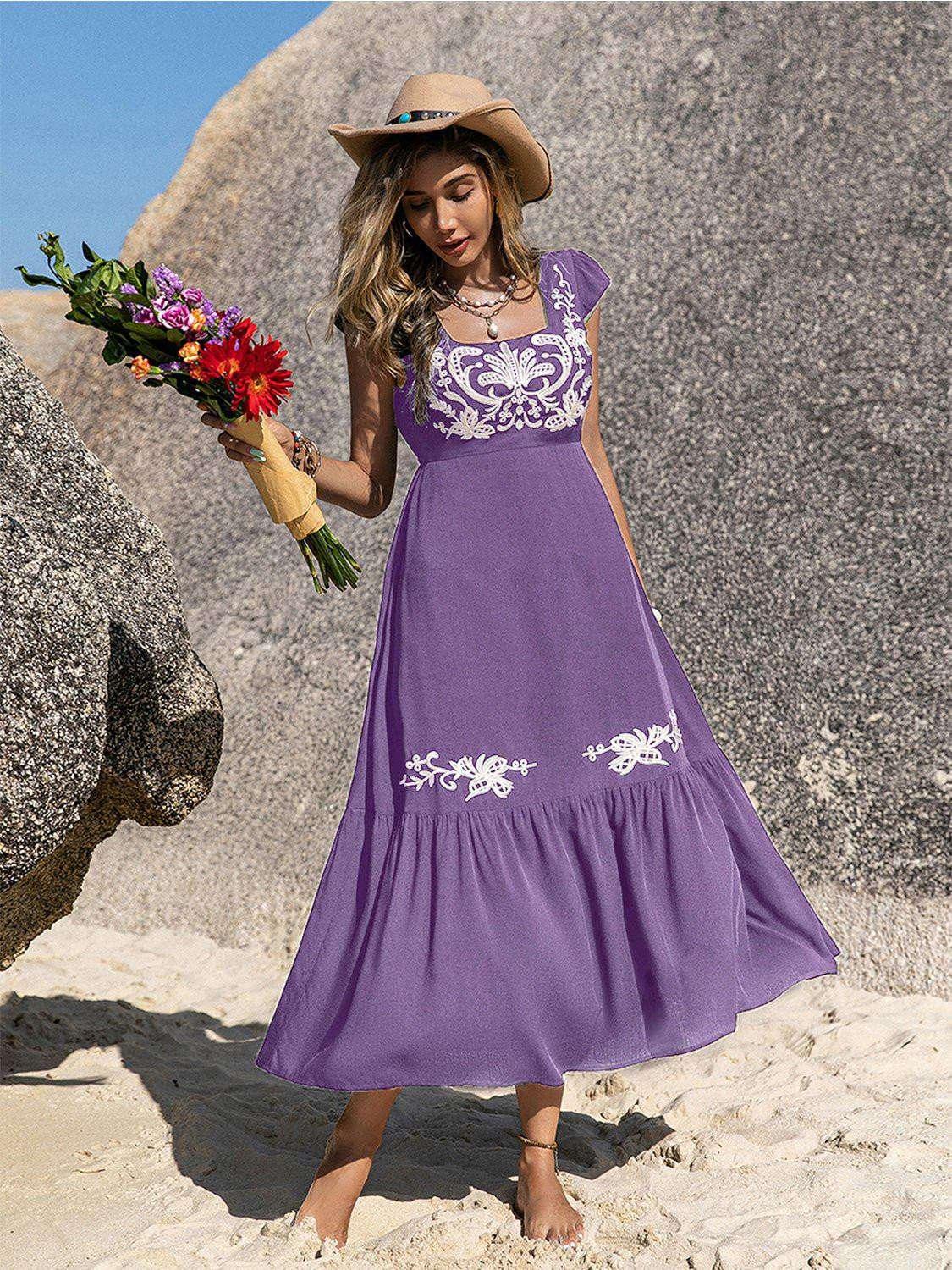 Embroidered Square Neck Ruffle Hem Dress - VILLA FASHION