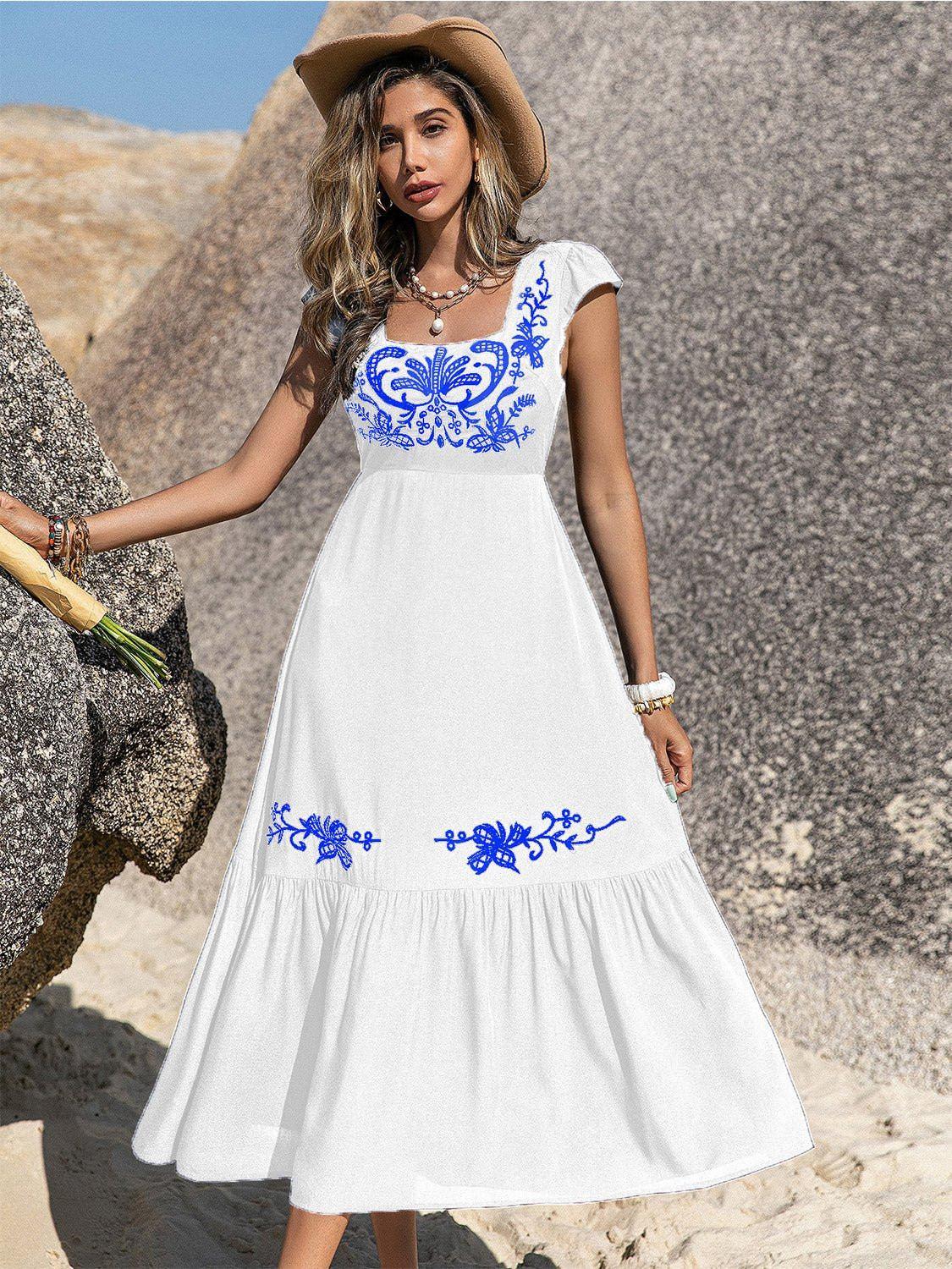 Embroidered Square Neck Ruffle Hem Dress - VILLA FASHION