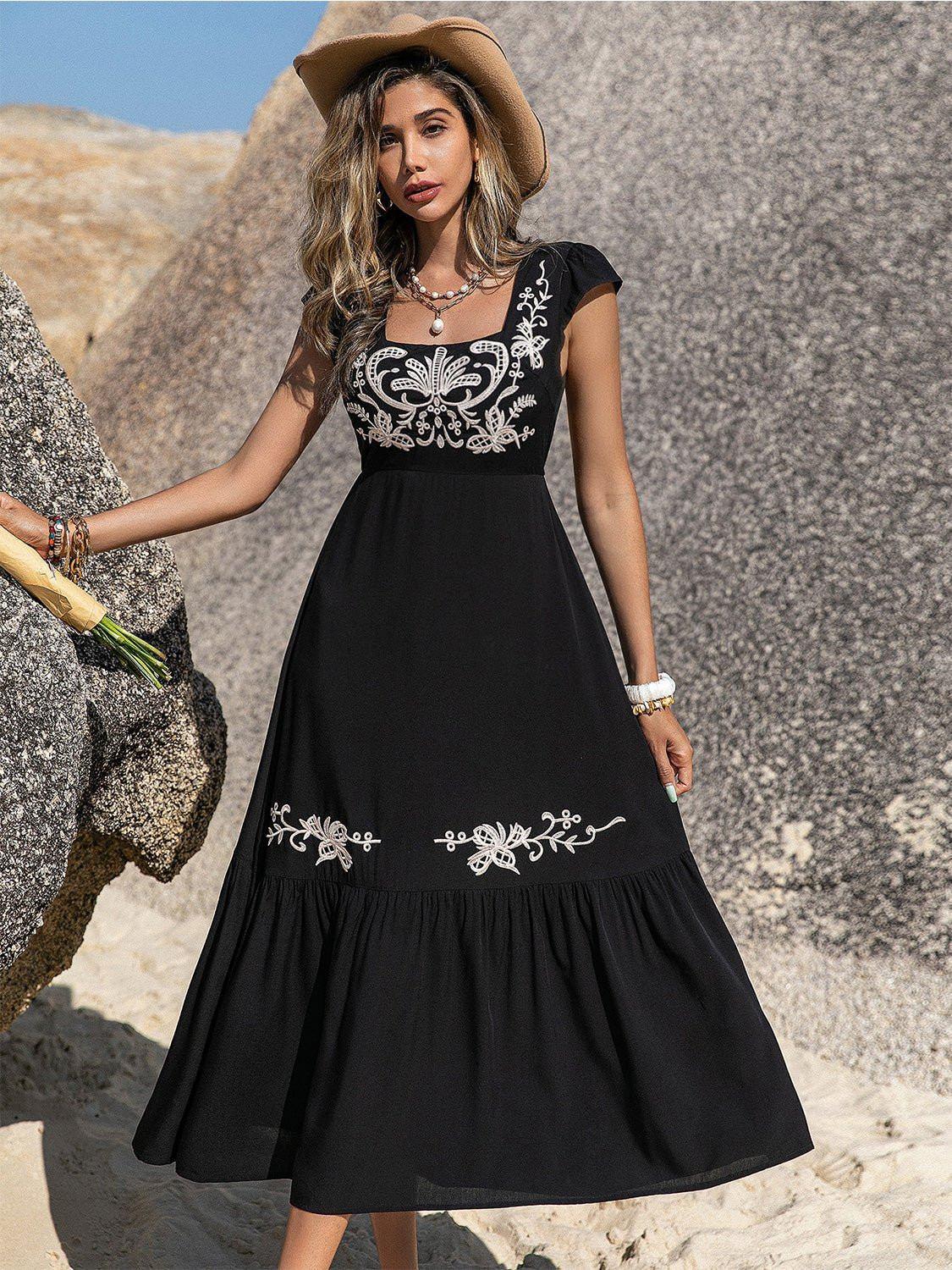 Embroidered Square Neck Ruffle Hem Dress - VILLA FASHION