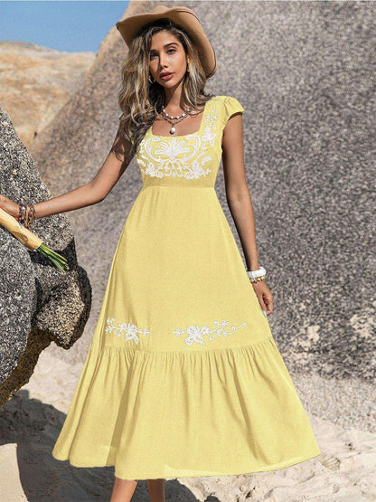 Embroidered Square Neck Ruffle Hem Dress - VILLA FASHION