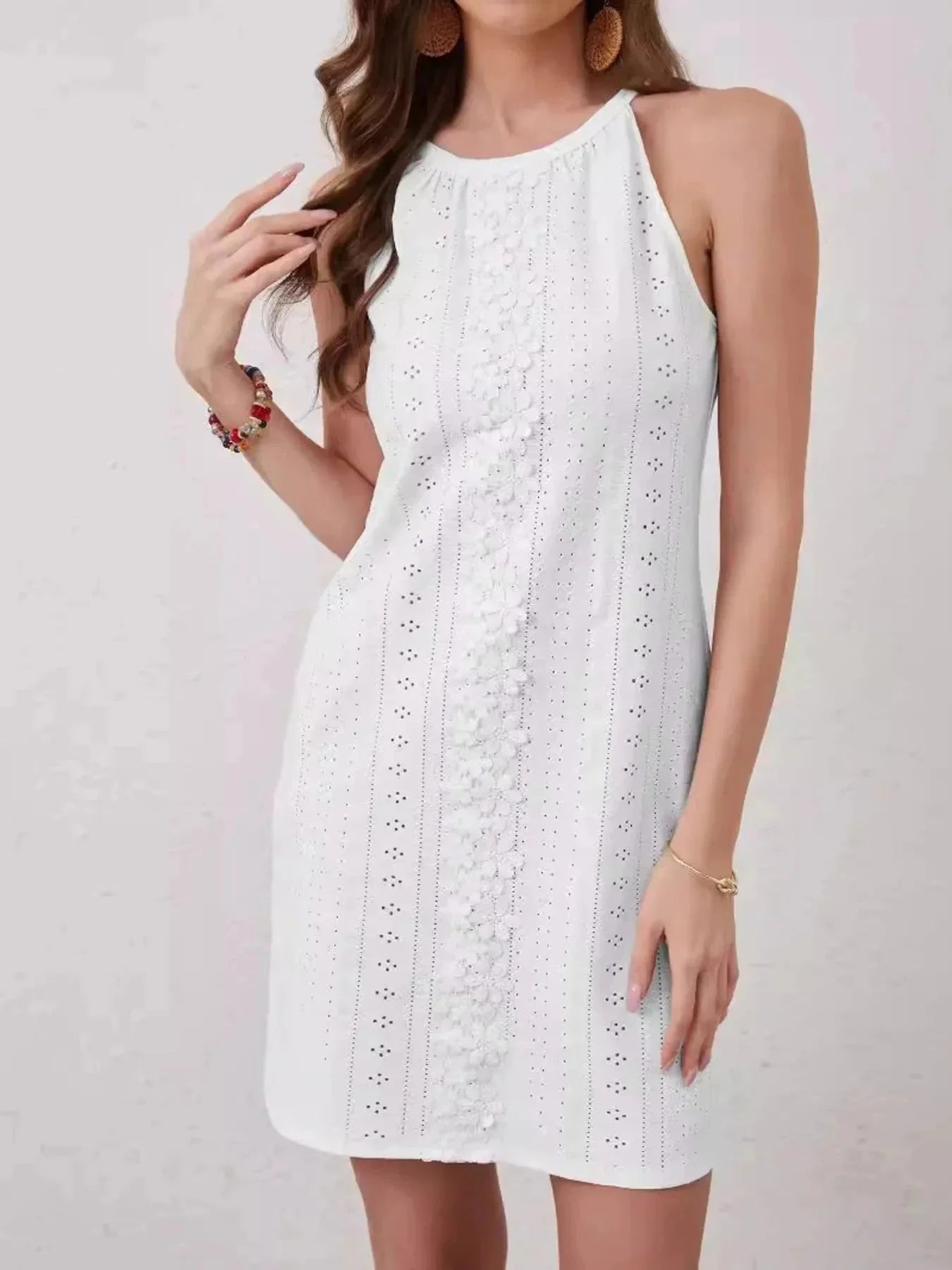 Eyelet Flower Sleeveless Mini Dress - VILLA FASHION