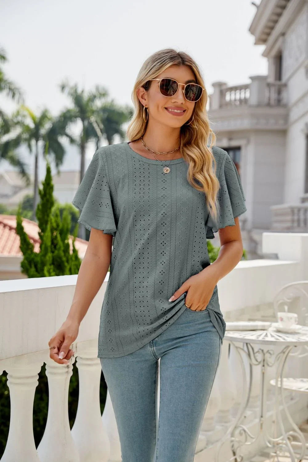 Eyelet Flutter Sleeve Round Neck Top - VILLA FASHION