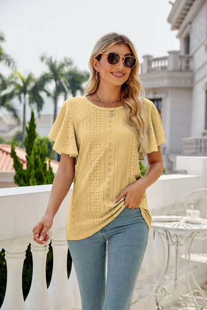 Eyelet Flutter Sleeve Round Neck Top - VILLA FASHION